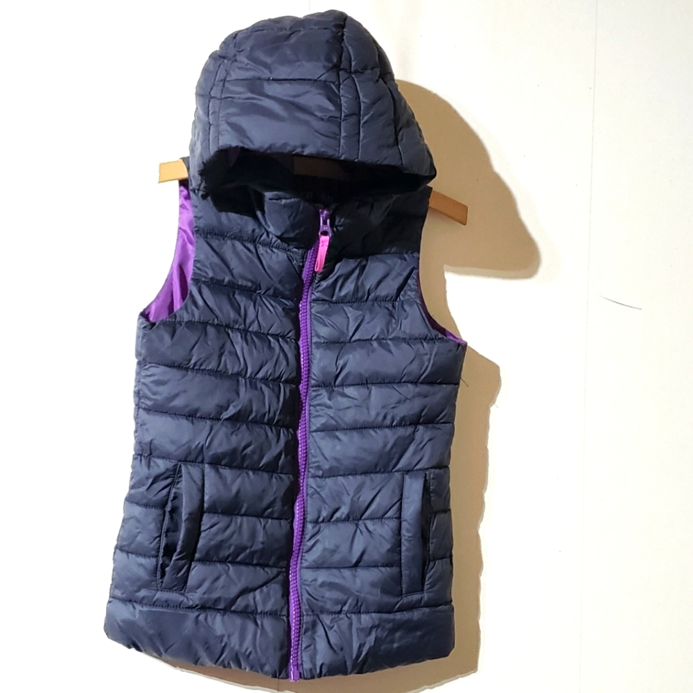 2/$20  Joe Fresh black purple Kids Warm Vest Fall Winter, Size XS 4/5 hooded zip